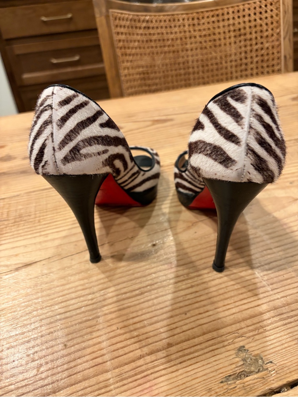 Christian Louboutin Zebra Print Peep-Toe Pumps with Red Soles - Picture 3 of 5